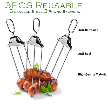 3PCS Grilling Savant 3 Way Skewers,14 Inch Metal Skewers for Grilling,Easy to Use
